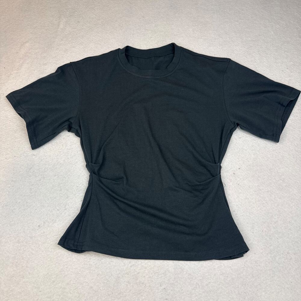 Dazy Draped Side Short Sleeve T-Shirt Women's Size S Black Slit Back Tee